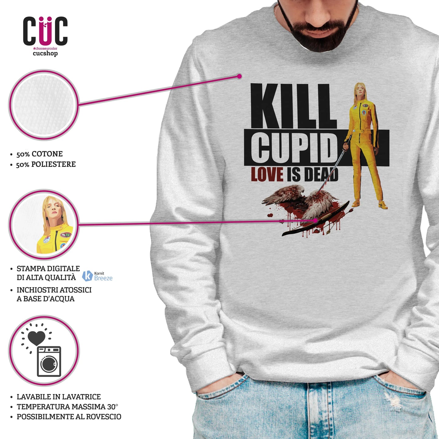 CUC GIROCOLLO Kill Cupid - Unisex - FILM - SAN VALENTINO - Love is Dead - Parodia - Kill Bill - Tarantino - #chooseurcolor