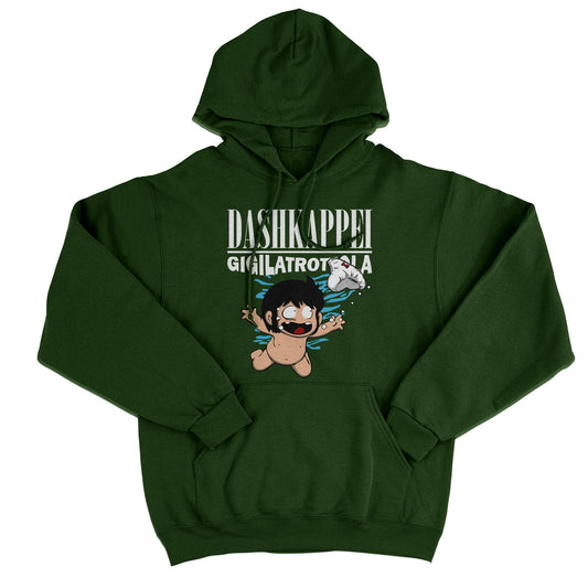 FELPA CAPPUCCIO DASH KAPPEI NEVERMIND Gigi la trottola divertente anime Verde Bottiglia