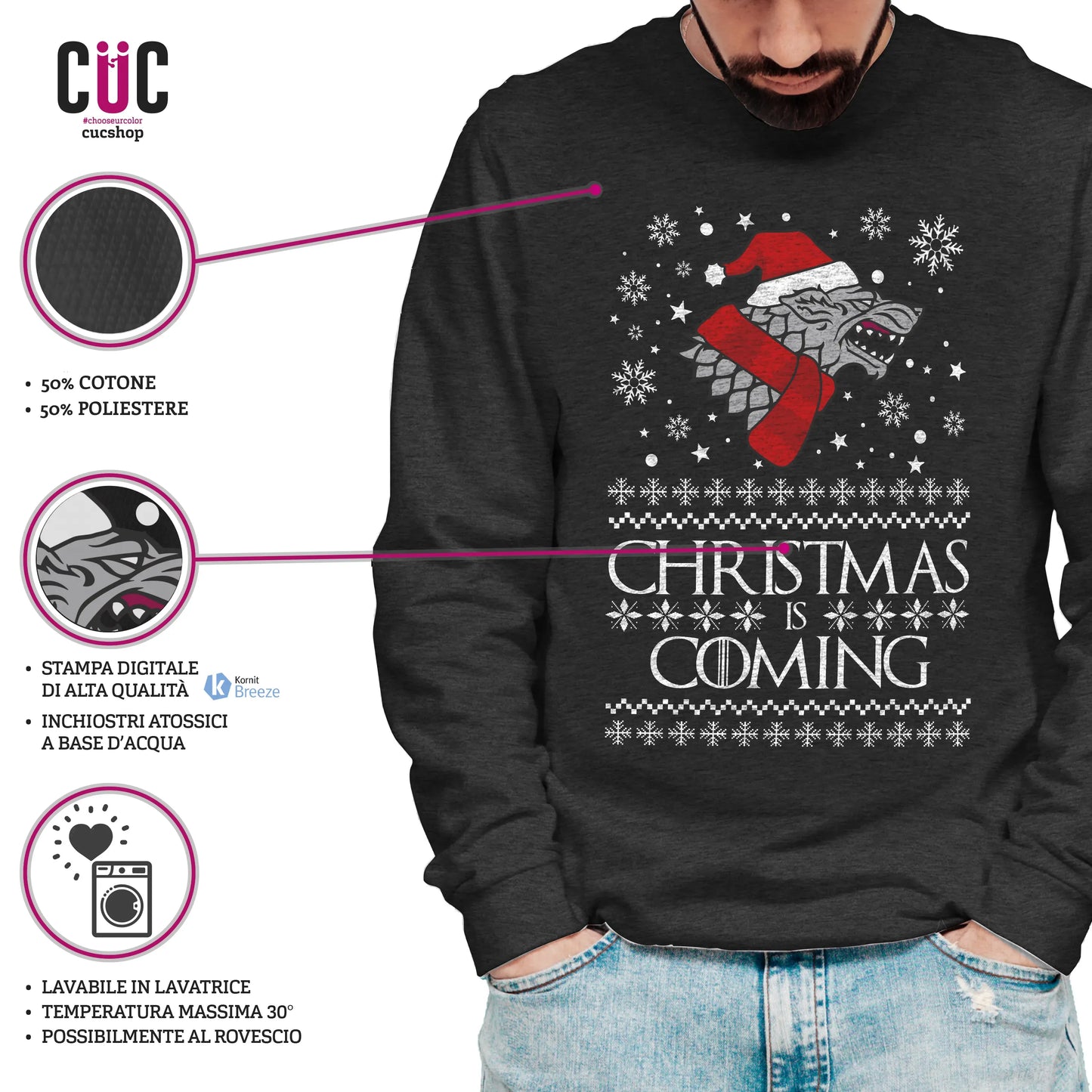 CUC GIROCOLLO Christmas is Coming -  Unisex - NATALE - SERIE TV - Divertente - Stark - GOT -  #chooseurcolor