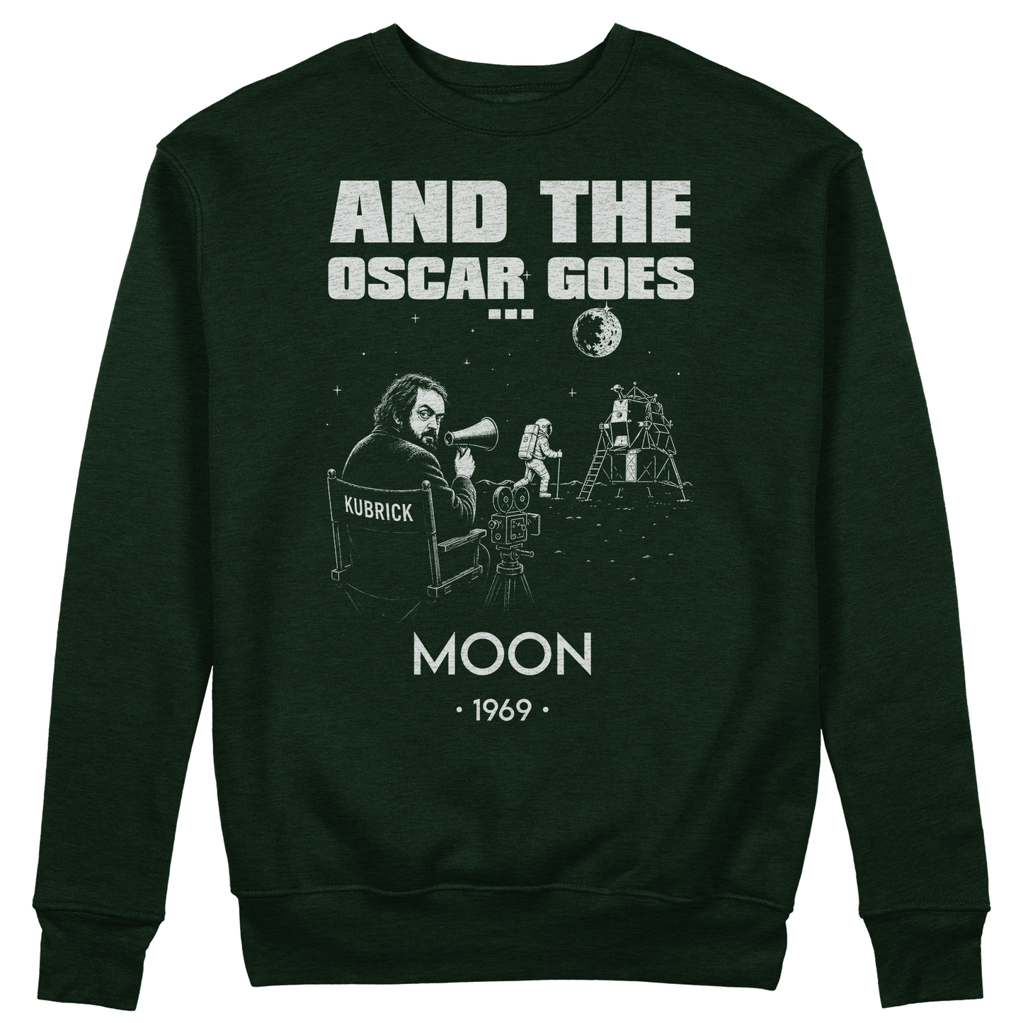 FELPA GIROCOLLO CUC AND THE OSCAR GOES Allunaggio Complottismo nasa Kubrick Verde Bottiglia M [IMGKEY:BOT:M:1]