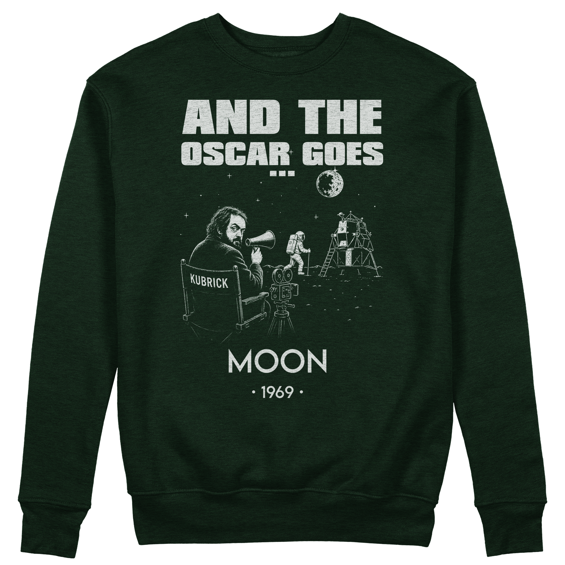 FELPA GIROCOLLO CUC AND THE OSCAR GOES Allunaggio Complottismo nasa Kubrick Verde Bottiglia M [IMGKEY:BOT:M:1]