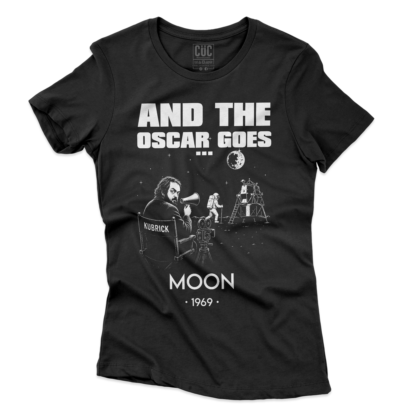 T-SHIRT CUC AND THE OSCAR GOES Allunaggio Complottismo nasa Kubrick Nera W [IMGKEY:BLA:W:3]