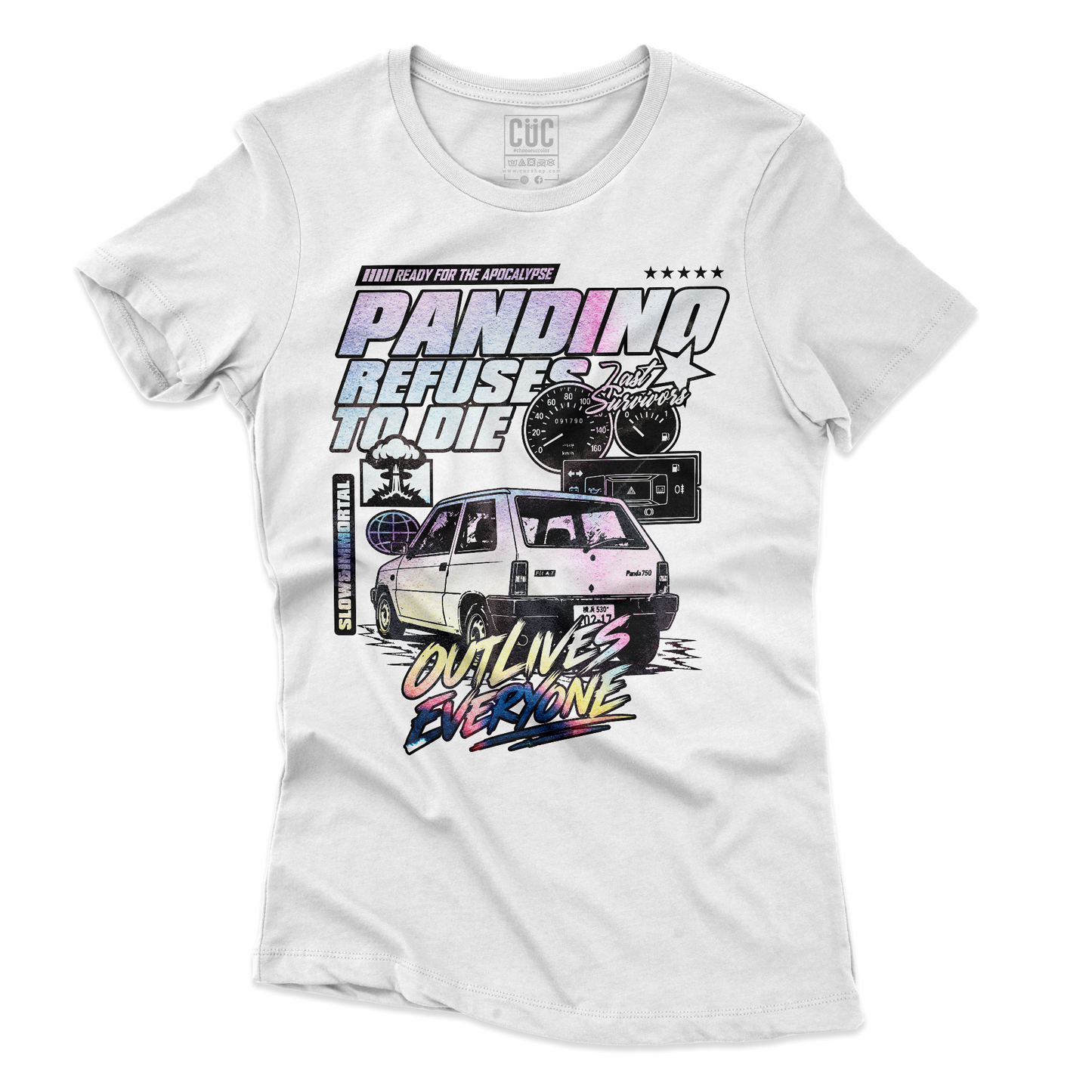T-SHIRT CUC PANDINO refuses to die apocalypse ready sopravvive a tutto Bianca W [IMGKEY:WHI:W:2]