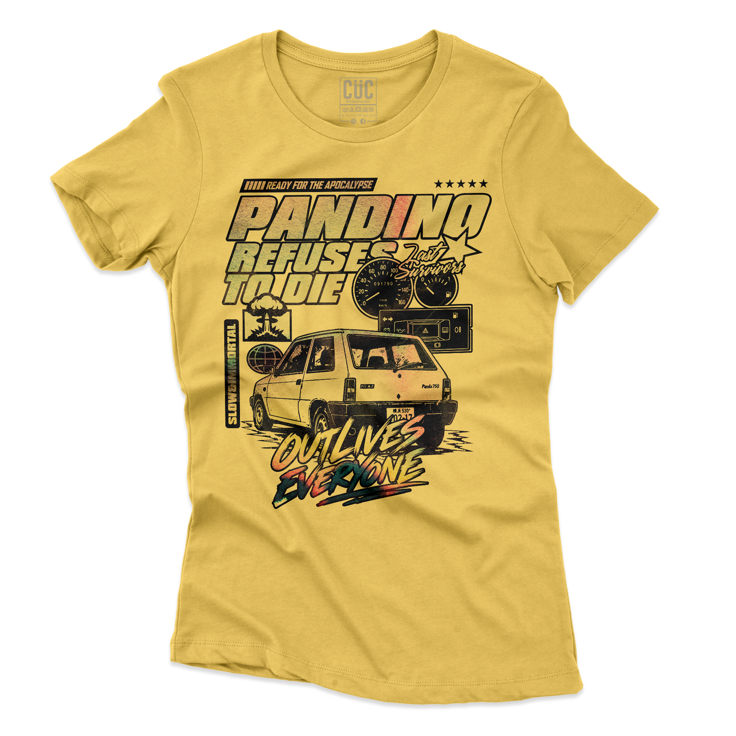 T-SHIRT CUC PANDINO refuses to die apocalypse ready sopravvive a tutto YEL W [IMGKEY:YEL:W:3]
