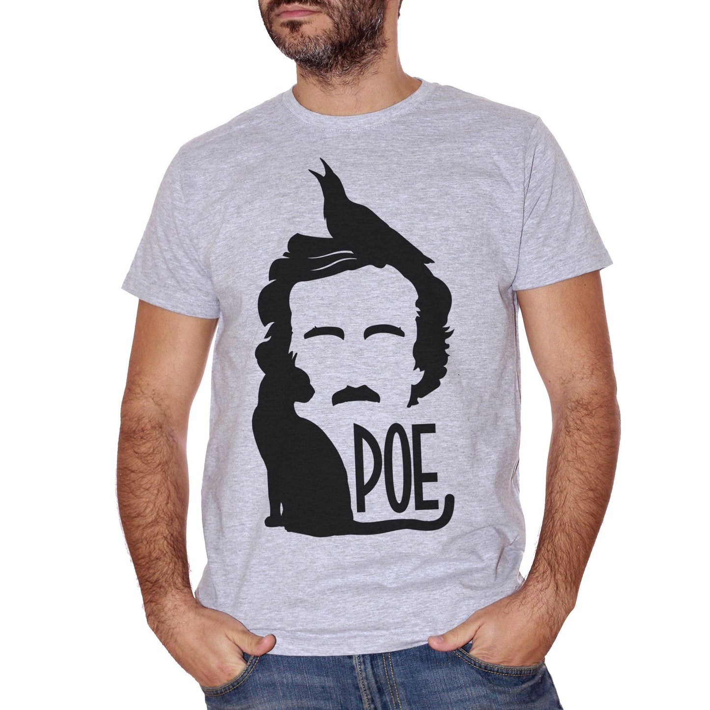 Gray T-Shirt Edgar Allan Poe Horror Black Cat Crow - FAMOSI CucShop