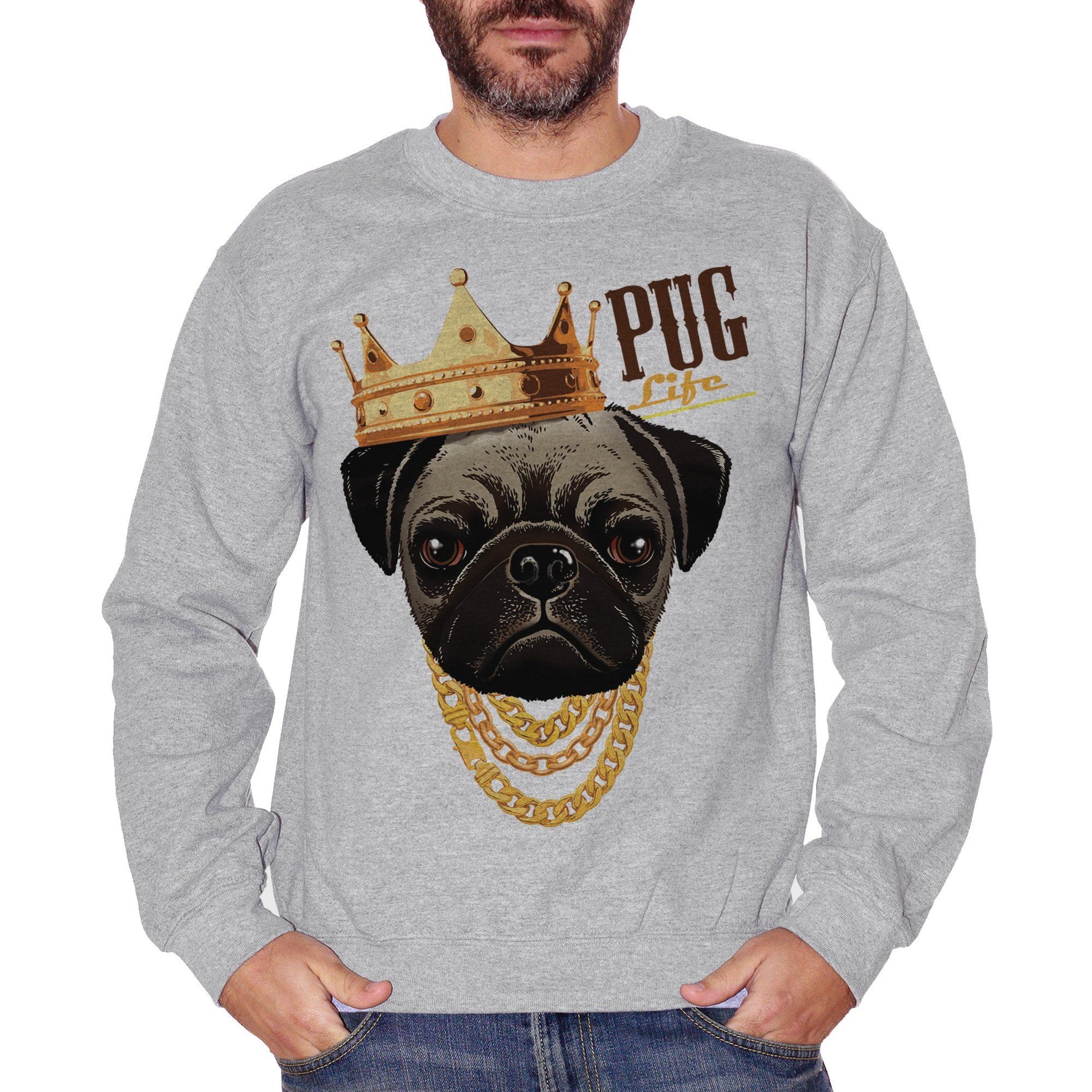 Black Felpa Girocollo Pug Life Carlino Cane Dog Pet Animali Gold Crown - SOCIAL CucShop