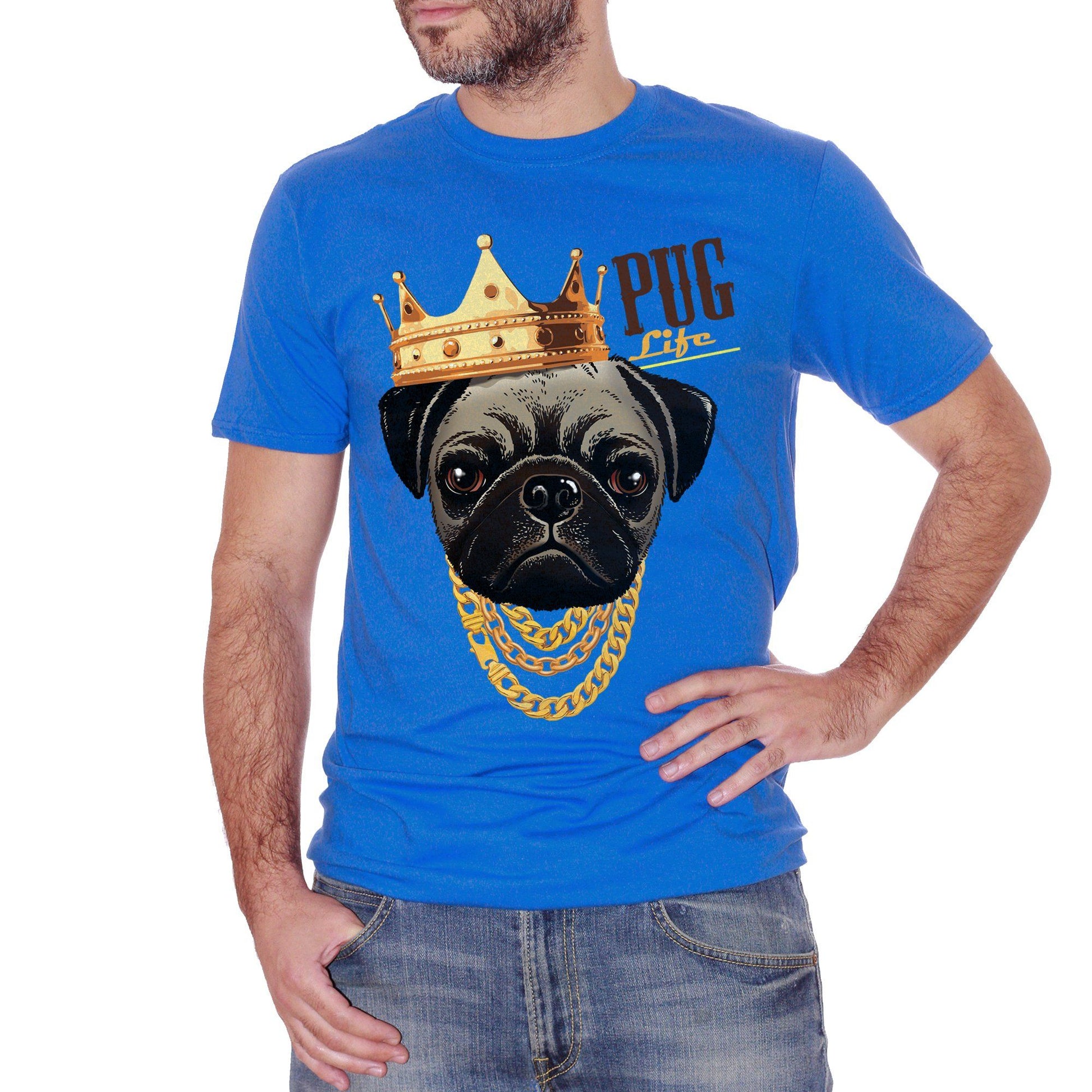 Royal Blue T-Shirt Pug Life Carlino Cane Dog Pet Animali Gold Crown - SOCIAL CucShop