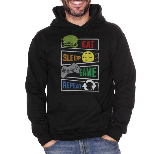 Black Felpa Cappuccio Eat Sleep Game Repeat Frasi Divertenti Videogiochi Nerd - Funny Choose ur Color CucShop