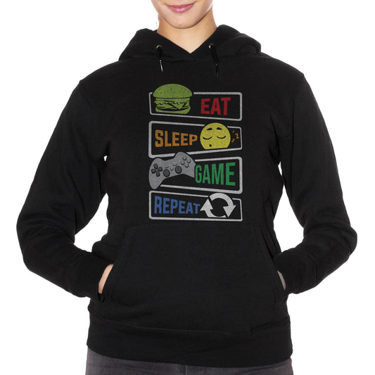 Black Felpa Cappuccio Eat Sleep Game Repeat Frasi Divertenti Videogiochi Nerd - Funny Choose ur Color CucShop