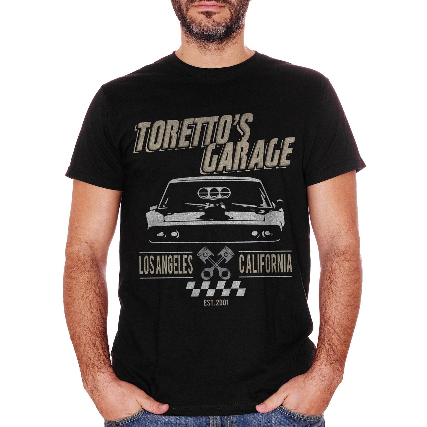 White T-Shirt Toretto'S Garage | Los Angeles California Car Macchina Fast And Furious | Grafica Per L'Officina Meccanica Di Toretto - FILM CucShop