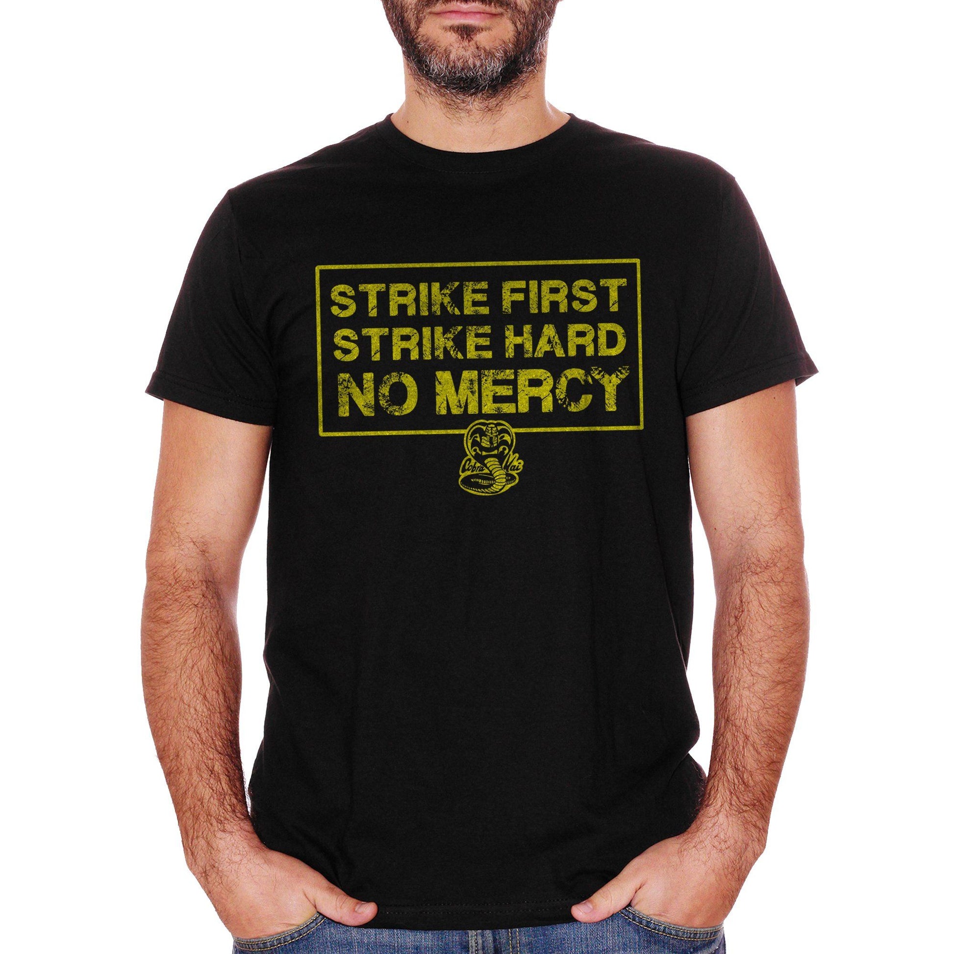 White T-Shirt Strike First Strike Hard No Mercy Cobra Kai Karate Dojo - FILM CucShop