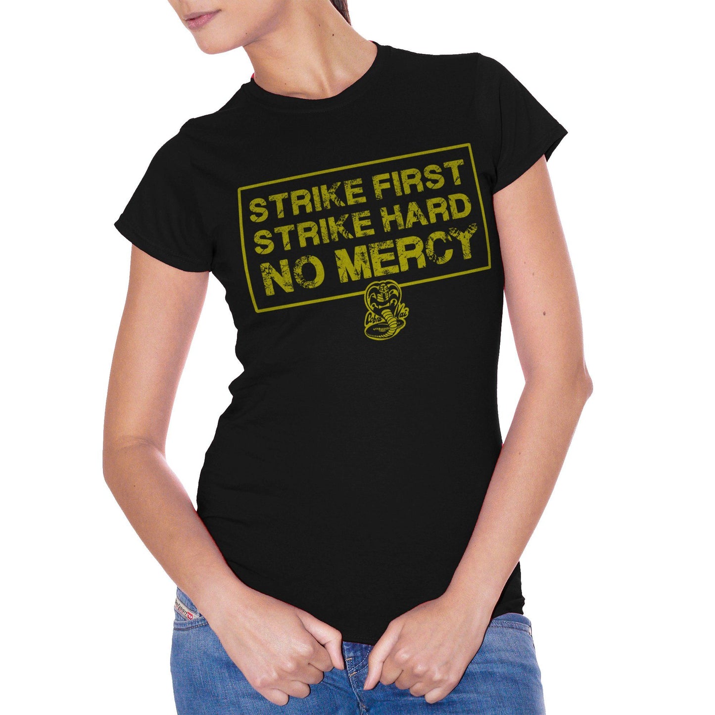 White T-Shirt Strike First Strike Hard No Mercy Cobra Kai Karate Dojo - FILM CucShop