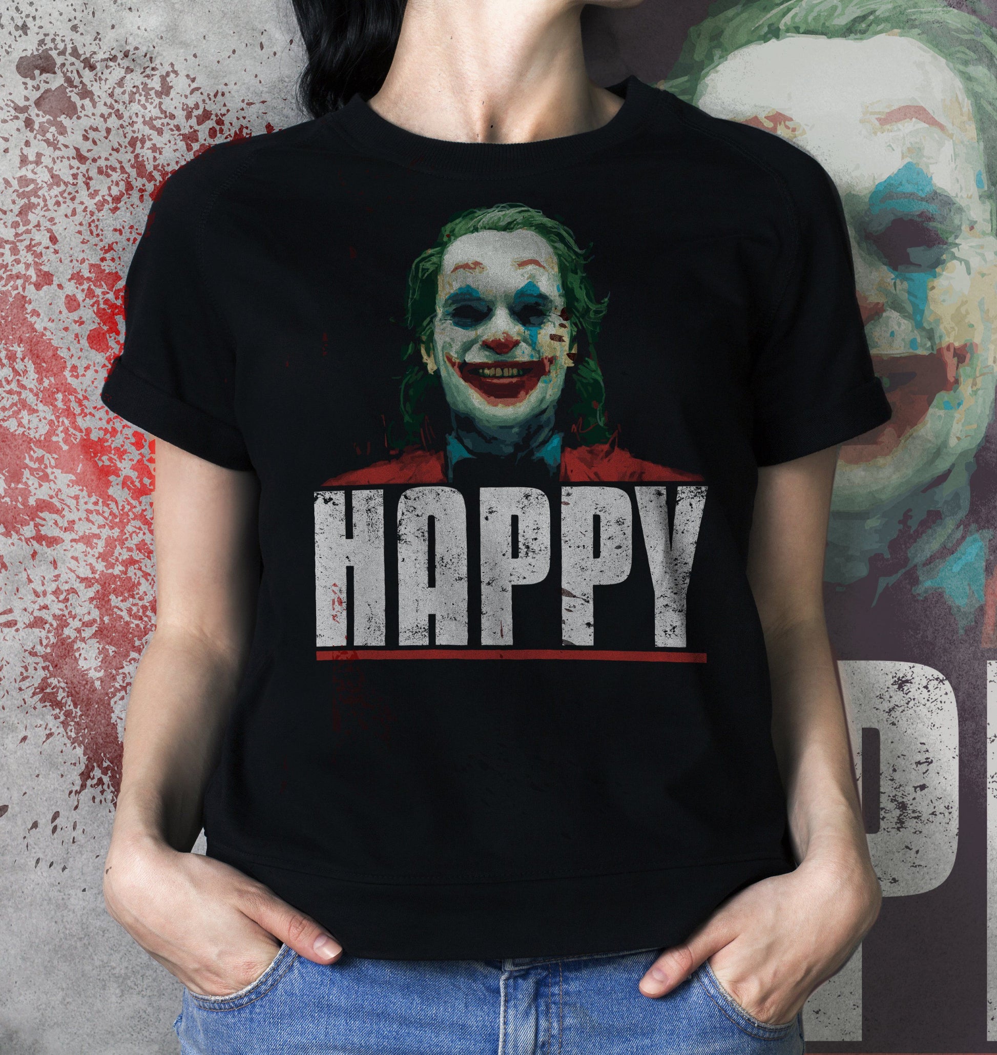 Black T-Shirt Joker Happy - Maglietta sul film con Joaquin Phoenix CucShop